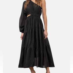 Moon River / Anthropologie Black Metallic One Shoulder Maxi Dress -Size L